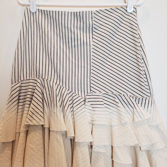 Zara TRF Denimwear Blue/Cream Striped Asymmetrical Tiered Ruffle Skirt Large - Picture 4 of 13
